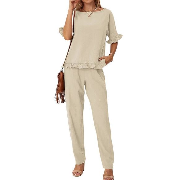 Suvimuga Khaki Ruffle-Accent Boatneck Top & Pants Size XL - Picture 1 of 3